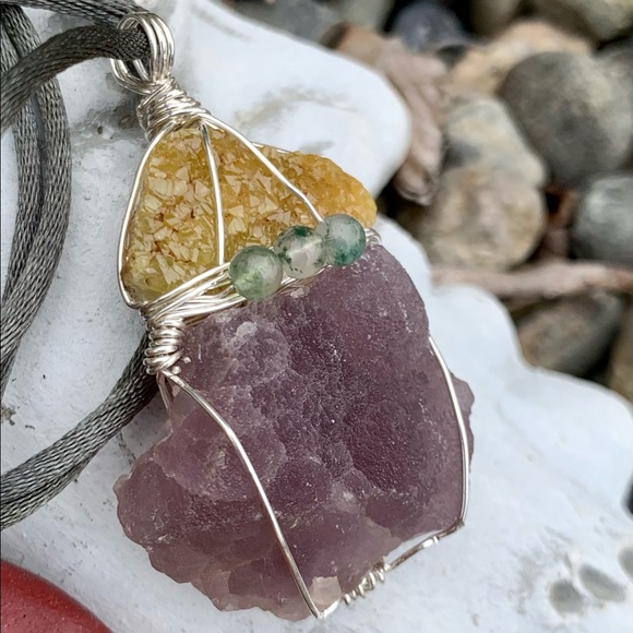 Gold Barite, Fluorite Drusy & Moss Agate Necklace - Picture 7 of 16